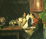 Michael Ancher ved en sygeseng, en ung pige lceser for den gamle kone i alkoven oil